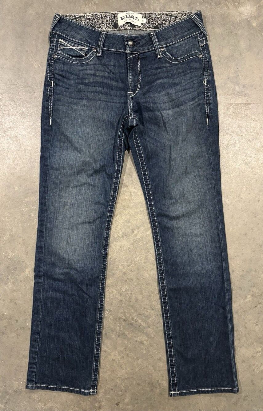Ariat Real Denim Women's 31R Jeans Blue Straight Leg Thick Stitch Paisley Waist